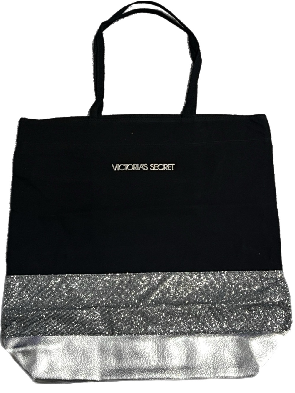 NWT Victoria's Secret Black Tote with Silver Glitter and Metallic Silver Trim